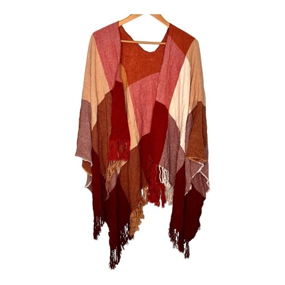Sweaters - Plaid Color-Block Cozy Autumn Fringed Draped Shawl. One Size Fits All.